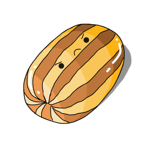 A robot in the form of a brown and yellow shiny, stripy humbug sweet. It's got a grumpy little face on its top.