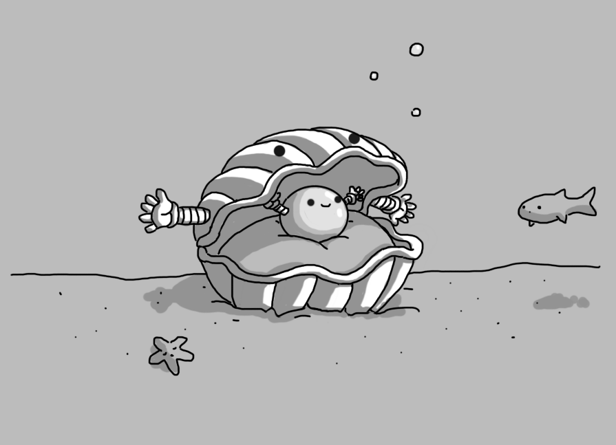An underwater scene depicting a robot in the form of a large, ribbed cartoon clam, with a distinct, undulating lip around the outer edges of each of its two halves. The Clambot has two little banded arms on either side of its top half, and two eyes in the middle. Inside the Clambot is a rounded, cushioned surface, on which sits a shiny, spherical robot with banded arms, smiling happily. A starfish is sleeping peacefully on the seabed, and a curious fish has also come over to investigate Clambot and Pearlbot. Several bubbles ascend from Clambot towards the water's surface.