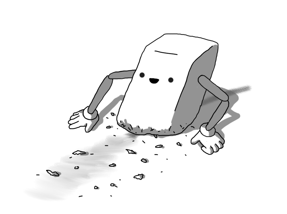 A robot in the form of a cuboid pencil eraser with an angled upper surface. The robot has two jointed arms that it's using to run its bottom surface across a line marked in pencil, with the area in front of it that it's already passed over now smudged out. The bottom of the robot is worn and ragged, and there are fragments and slivers of it scattered around its route. The robot is looking down at its work, smiling happily.