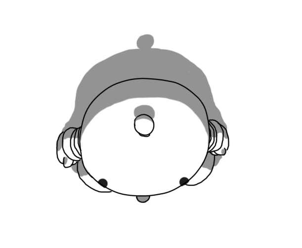 A round robot with banded arms and legs and an antenna. It's sticking out its tongue. Also, the viewpoint of the drawing is directly above the robot.