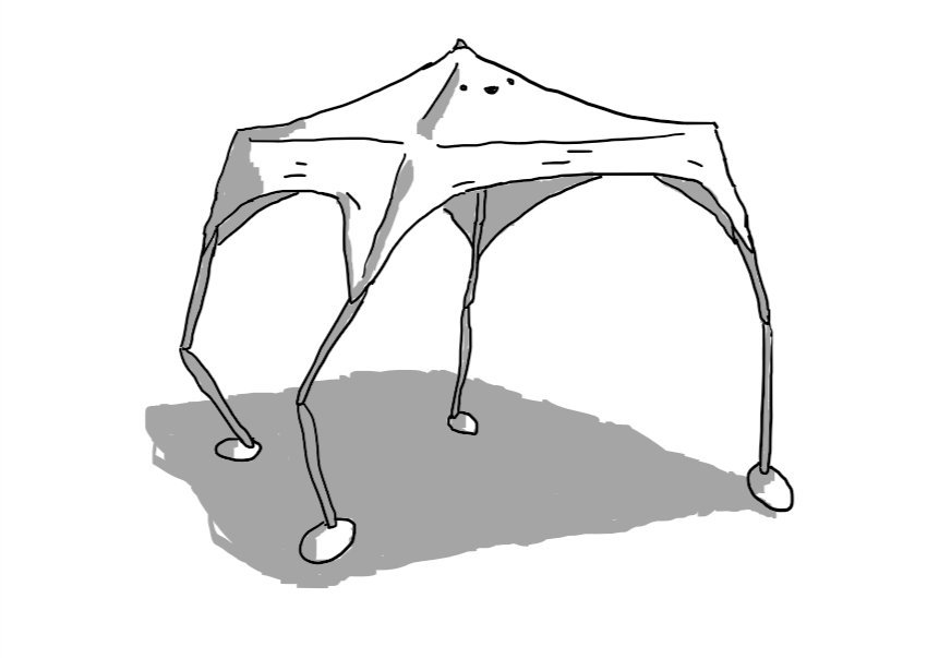 A robot in the form of a collapsible gazebo, with its struts replaced by jointed robot legs. Its smiling face is on one side of its peaked canvas roof.