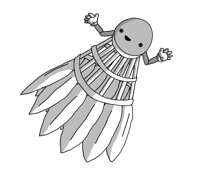 A robot in the form of a shuttlecock. Its end has a face on it and two little jointed arms attached. It's depicted at an angle, apparently flying through the air, and seems very happy about it.