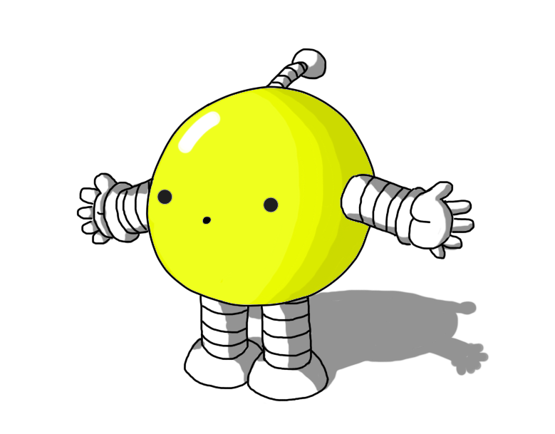 A spherical robot with banded arms and legs and an antenna. Its body is coloured the toxic yellow of a highlighter pen, and it's making an 'ooooh' face.