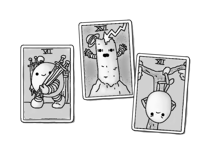 Three playing cards with face art in the style of the Rider-Waite tarot deck, but depicting small robots. One is the seven of swords, showing a round robot with banded arms and legs and an antenna cheerfully carrying a number of swords. The next depicts a robot in the form of a tower with banded arms built into a rocky crag, being struck by a bolt of lightning which is knocking off a small bowler hat, much to the robot's surprise and horror. The third is a t-shaped tree from which hangs an ovoid robot with jointed arms and legs. It's upside down with its legs crossed and arms behind its back, and it looks angry about the situation.