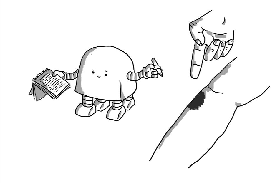 A trapezoid robot with a rounded top, four legs and two arms, consulting a densely-filled notebook page as someone displays a bruised shin and points meaningfully at it.