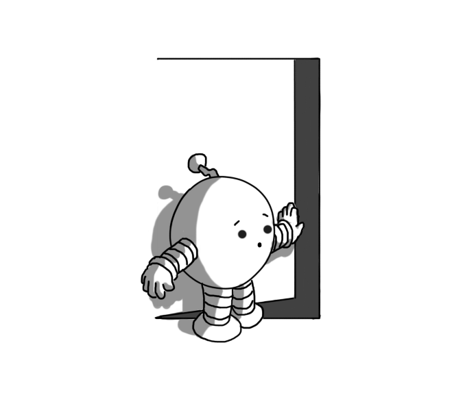 A round robot with banded arms and legs and a zigzag antenna, pushing open a featureless door in the white background, revealing a dark space on the other side. The robot looks surprised, perhaps even a little worried.