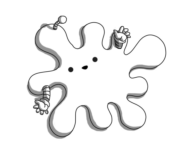 A robot in the shape of a cartoon 'splat': mostly flat against a surface with a number of globular protrusions. It has two banded arms and an antenna sticking up from its surface and a smiling face in the middle.