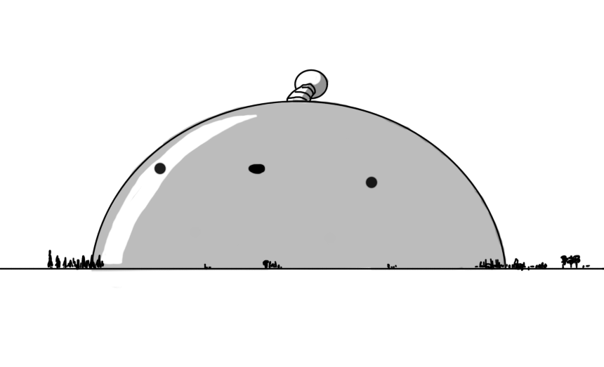 An enormous robot in the form of a vast, transparent dome, hemispherical in shape and sitting on a flat plain on which are various clusters of trees or possibly buildings. The robot/dome has a vacant, smiling face and an antenna on its top.