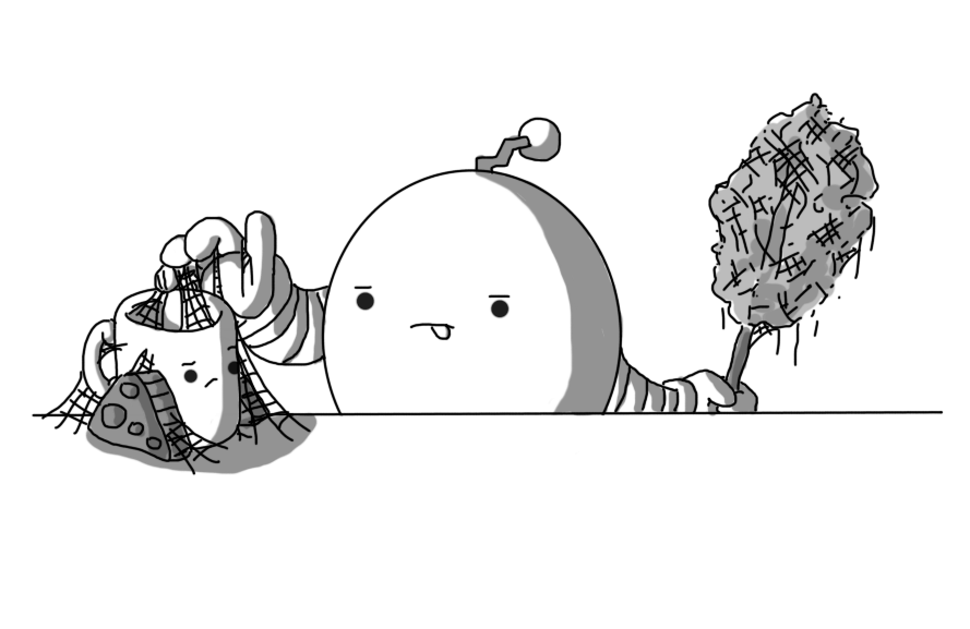 A round robot with banded arms and a zigzag antenna, standing beside a shelf or table. In one hand it's holding a stick that is wrapped in a great wad of cobwebs, while the other is gently placing a number of cobwebs on and around a Teabot. The robot looks to be deep in concentrating, its tongue sticking out of its mouth, while Teabot looks less than convinced by the whole situation.
