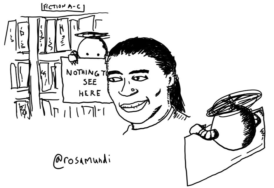 a person walking by a shelf of books. on either side of them are two spherical robots held aloft with top-mounted propellers, both holding big signs in front of them to block the view to either side. the one sign visible reads 'NOTHING TO SEE HERE'.