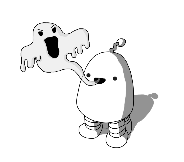 A conical robot with four banded legs and a zigzag antenna. Emanating from its smiling mouth is a semi-transparent cartoon ghost, waving its dripping appendages and screaming angrily.