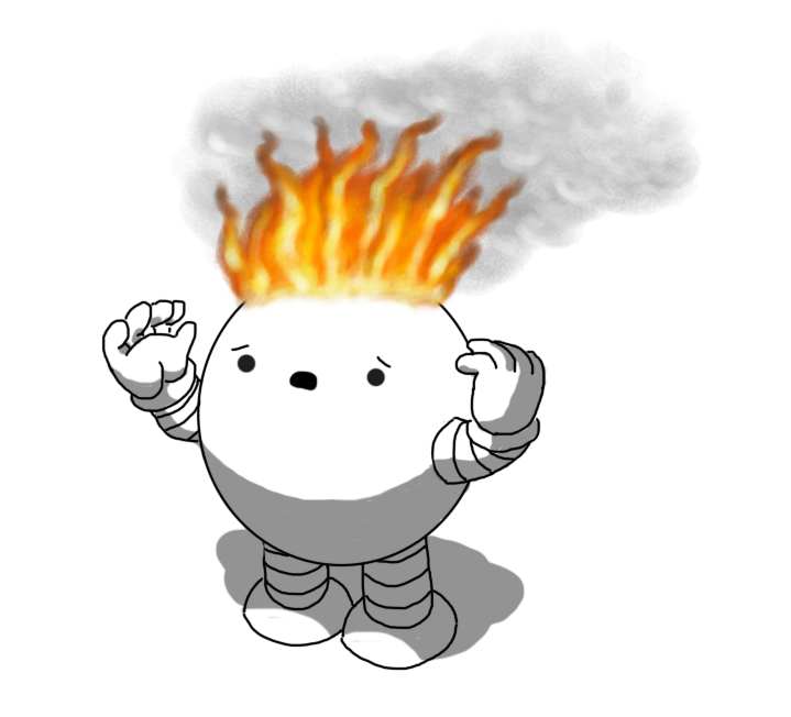 A spherical robot with banded arms and legs. It has a worried expression, probably due to the orange, smoking flames that have engulfed much of its top.