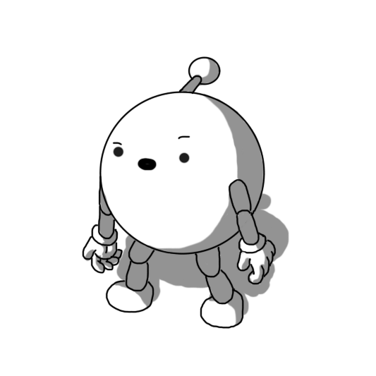 A spherical robot with jointed arms and legs and an antenna. Its mouth is slightly open and it has one eyebrow raised, as if in confusion.