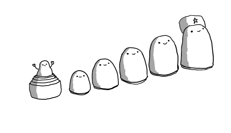 A series of six robots in the form of Russian nesting dolls, with the largest 'top half' on the right wearing a furry Russian hat and smiling. The rest of the top halves are laid out in descending order of size until, on the far left, the stacked bottom halves have a tiny robot in the middle waving its arms in the air.