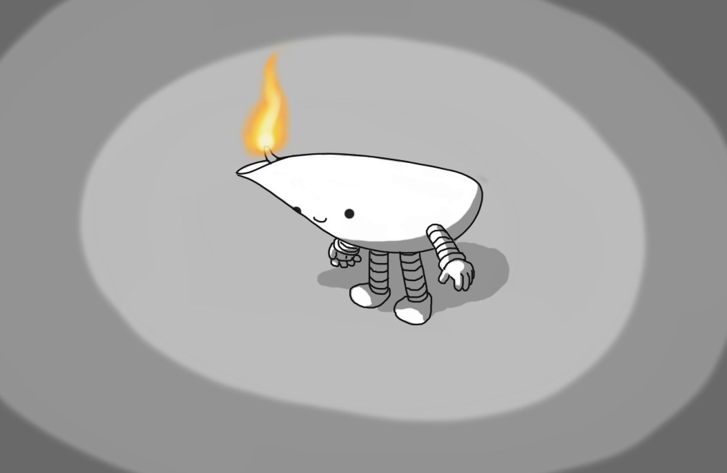 A robot in the form of a traditional South-Asian 'diya' oil lamp that has a rounded body and a spout-like protuberance towards the front in which the wick rests. The robot has banded arms and legs and a smiling face on the front, and the wick is lit by an orange flame that casts light all around in an otherwise darkened space.