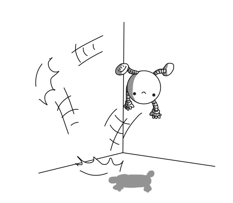 A spherical robot with limp, banded arms, flying upside-down through the air, having just bounced off a wall and the adjacent floor. It seems perfectly happy with its situation.