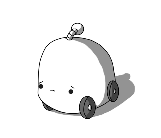 A dome-shaped robot with four wheels and an antenna. It looks really sad.