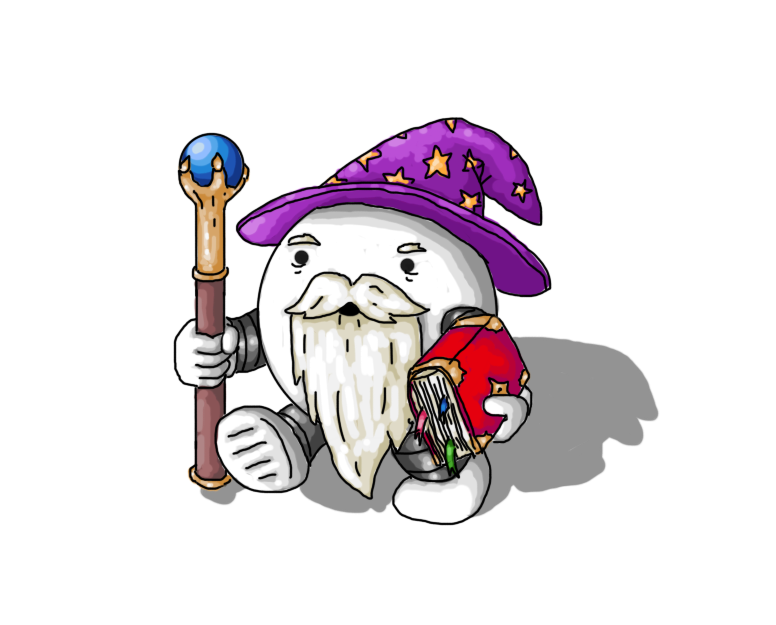 A spherical robot with banded arms and legs, a long, white beard, bushy eyebrows and a pointed, droopy hat with a wide brim, coloured purple and decorated with gold stars. The robot is carrying a thick tome bound in red with golden clasps and other details and little bookmarks protruding from between its pages in one hand, and a wooden staff topped with a golden, clawed hand that appears to be grasping a luminous blue sphere. Honestly, there's a lot going on here.