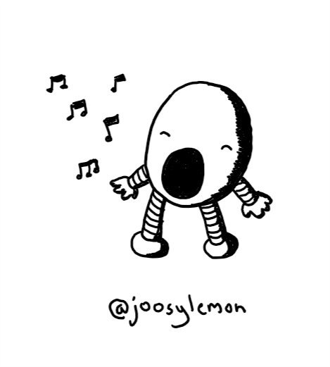 An ovoid robot with a big, round open mouth and its eyes closed as it sings musical notes. Its feet are firmly planted and its arms held out.