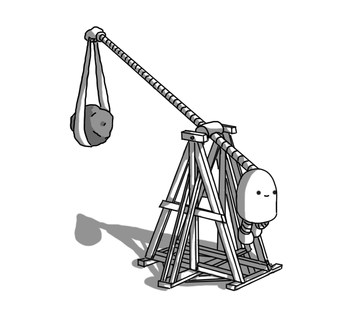 A robot in the form a medieval trebuchet, made out of flat struts in a tall, overly-complicated A-shaped frame. The arm of the machine is a banded small robot arm, emerging from the top of the weight, which is a round-topped robot with little legs dangling underneath it. At the end of the arm is a hand, holding a sling carrying a large rock. The robot looks quietly pleased, unlike me, who had to draw this thing.