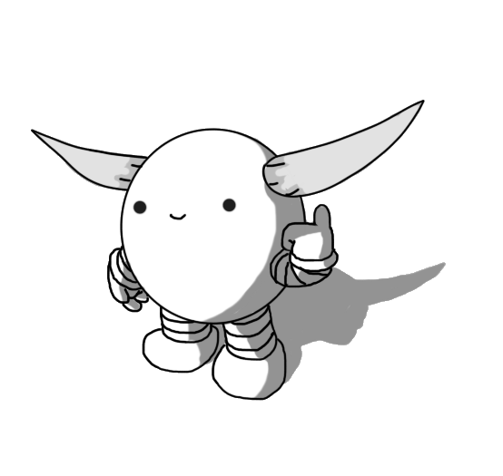A round robot with banded arms and legs and very long, bovine horns emerging from its head. It is happily pointing up at the horns and smiling.
