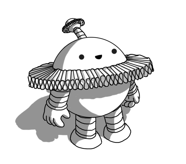 A cheerful, spherical robot with banded arms and legs, wearing a very wide Elizabethan ruff around its circumference, just above its arms. It has an antenna, and the bobble on top is also wearing a (smaller) ruff.