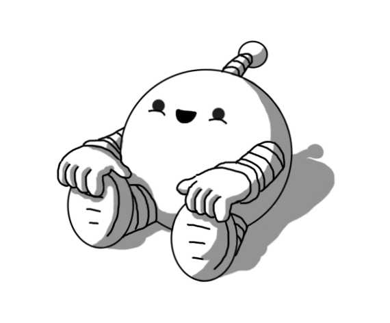 A spherical robot with banded arms and legs and an antenna. It's sitting on the ground, gripping the ends of its feet with its hands, looking upwards and smiling very happily.