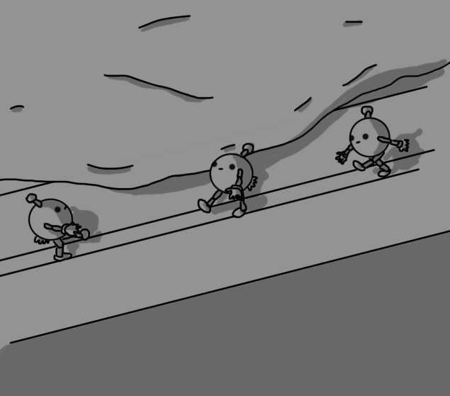 The edge of a bed frame, with the mattress and duvet visible behind it, on which three small, spherical robots with jointed arms and legs and antennae are marching. The robots have blank expressions and are marching in a very stiff, regimented manner, like wind-up toy soldiers.