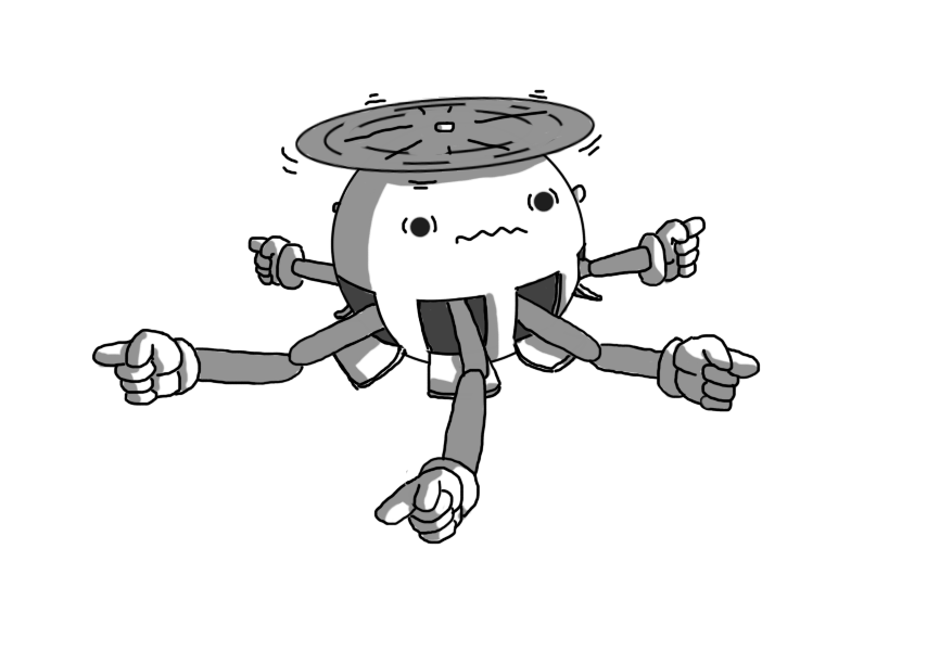 A spherical robot held aloft by a propeller on its top. It has hatches in a row around its circumference with downward-opening doors flipped open. From each hatch is emerging a jointed arm with a pointing finger so that the robot is pointing in every direction. Its facial expression is very frazzled, with a zigzag mouth and widened eyes.