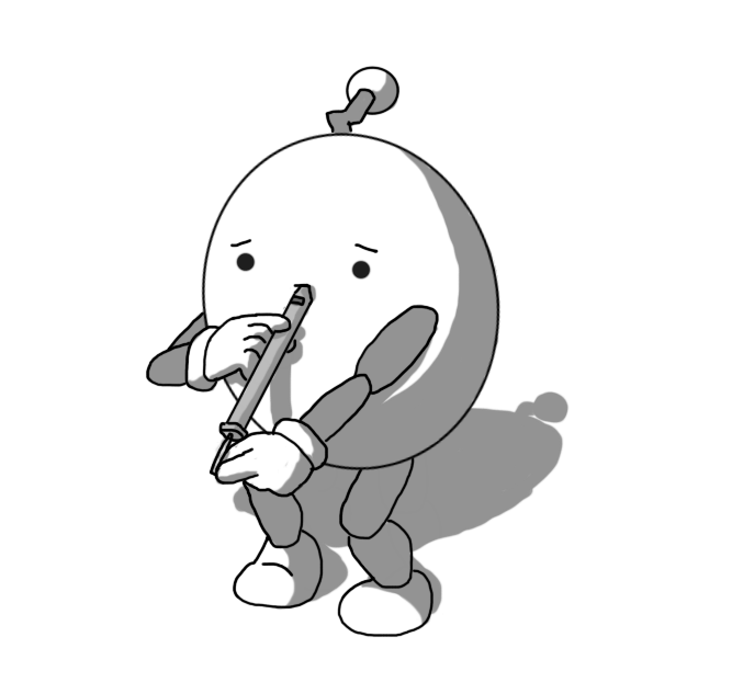 An ovoid robot with jointed arms and legs and a zigzag antenna, looking slightly worried as it blows into a swanee whistle and manipulates the little hook bit at the other end.