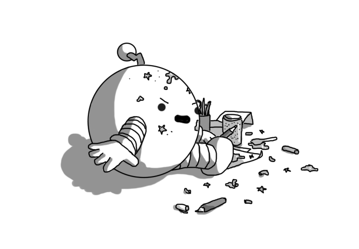 A spherical robot with banded arms and legs and a zigzag antenna. It's sitting on the ground, surrounded by various arts and crafts materials - felt tip pens, paper, a pot of glitter, a cup full of stationary items, elbow macaroni, sticky stars, glue or paint - some of which has also become stuck to its face. It's in the process of turning around to camera, looking very angry about being disturbed.