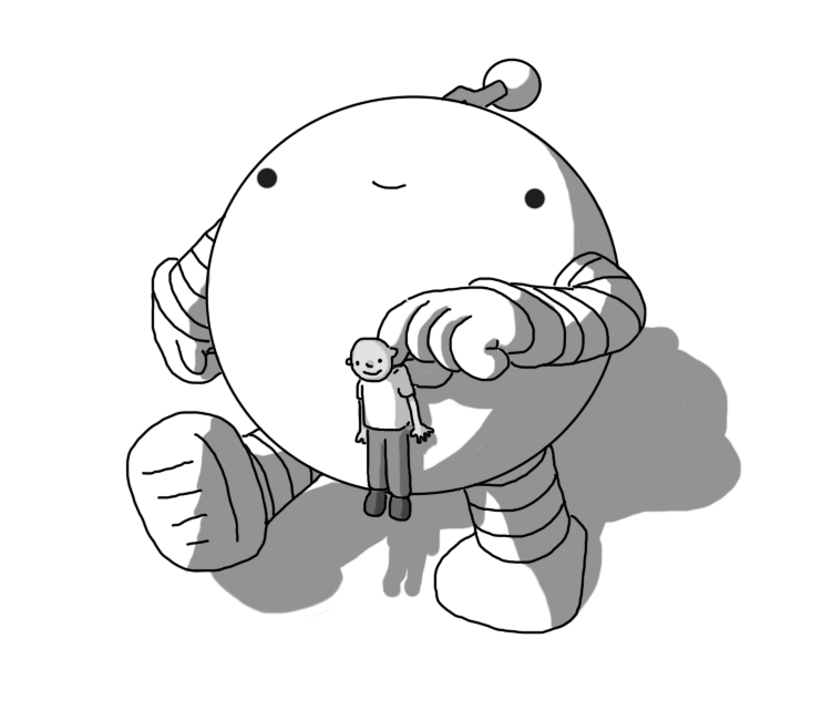 A large, spherical robot with banded arms and legs and a zigzag antenna. It's holding up a person by the back of their collar in one hand as it walks happily along.
