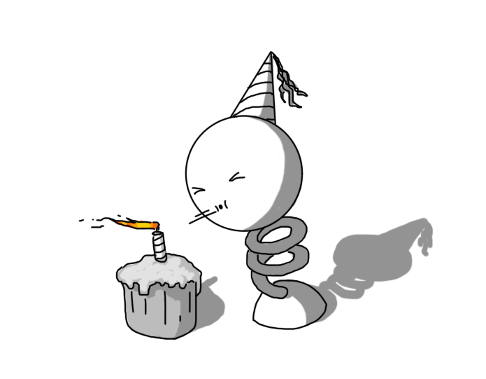 A spherical robot mounted on spring with a round foot at the bottom. It's wearing a party hat and blowing out a candle on top of a little cupcake with all its might.