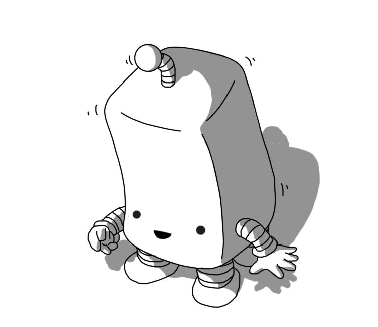 A robot shaped like a rounded cuboid stood on its end. It has four banded legs on its underside, two banded arms and an antenna. The robot's smiley face is near the bottom of its body, which is slumped slightly over and jiggling as if made of some kind of gelatinous material.