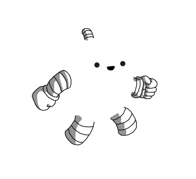 A set of banded arms and legs (minus feet), an antenna (minus bobble) and a smiling face floating in the middle.