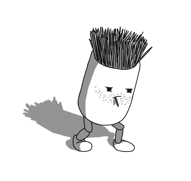 A robot in the form of a little cylindrical pot of toothpicks, fanning out over the rim. It has two jointed legs on the bottom and its face is on the front: its eyes are narrowed, it has a smear of stubble and it's chewing menacingly on a smaller toothpick than the ones poking from its top.