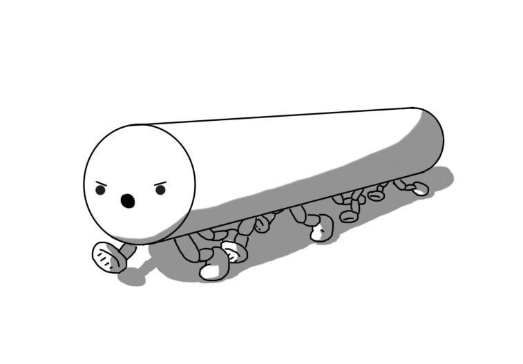 A robot in the form of a long cylinder oriented with one of the flat ends facing forward, where the robot's face is positioned. It has five pairs of jointed legs on its underside, propelling it forward as it yells angrily.