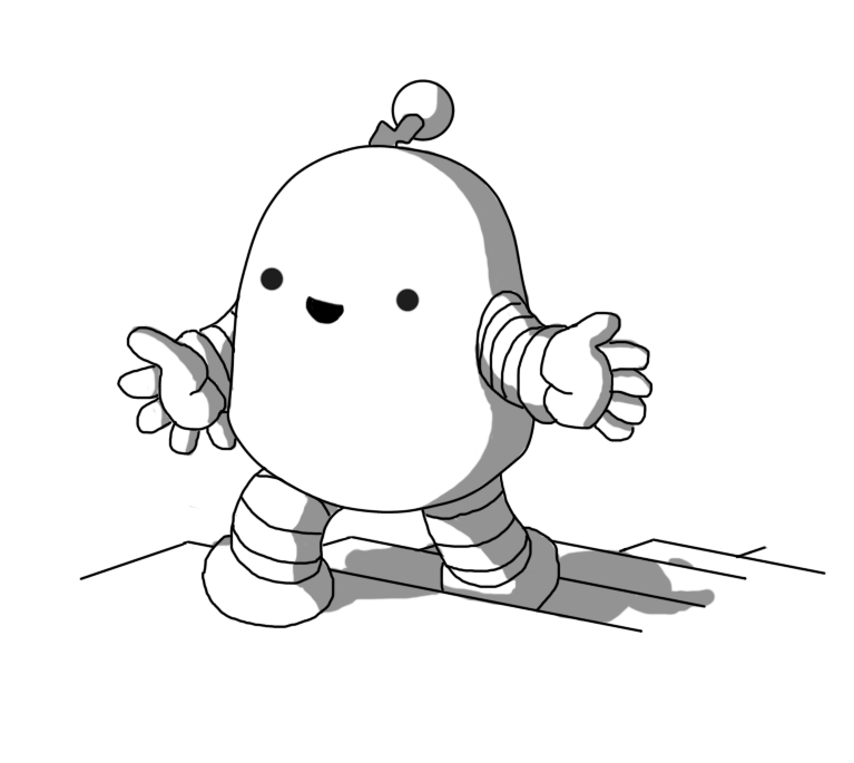 A round topped robot with banded arms and legs and a zigzag antenna, cheerfully ascending a flight of stairs.
