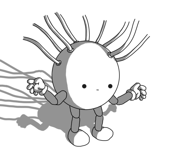 A spherical robot with short, jointed arms and legs. Its face is quite low down on its body, making it appear to have a bulging cranium. A number of wires are plugged into the top of it, trailing up and disappearing above it. Its expression is neutral, as if it is paying close attention.