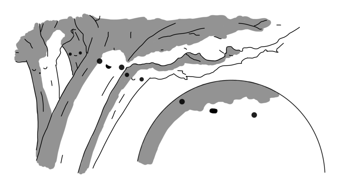 Four rhubarb stalks with little smiling faces on them - one is asleep - looming over an astonished-looking Bigbot.
