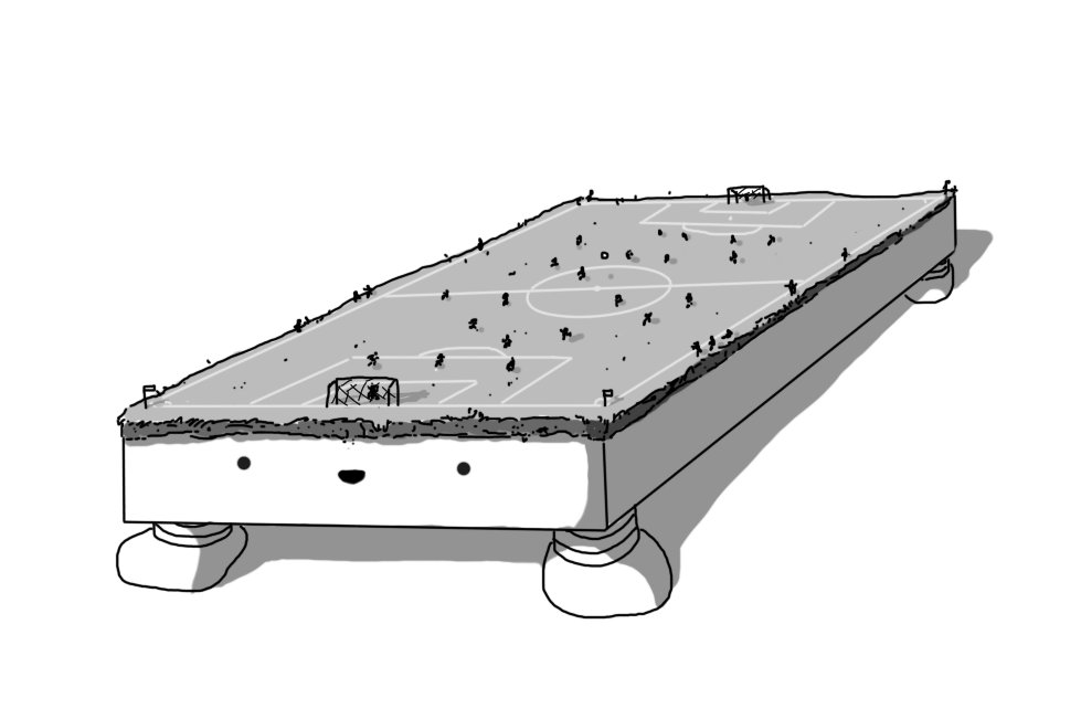 A robot in the form of a long, low cuboid with four short banded legs, each positioned at one corner. Atop it is a layer of soil and grass, which is marked out as a football (soccer) pitch, complete with goals and corner flags. A game is underway, with players, officials and support staff all visible as tiny stick figures. The robot's smiling face is on one of the cuboid's narrow ends.