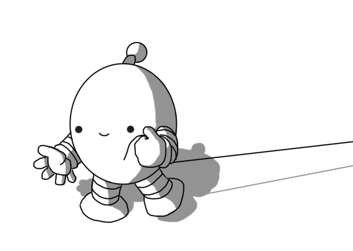 An ovoid robot with banded arms and legs and an antenna. It's walking along, holding some string in one hand, which is stretched taut behind it and smiling cheerfully.