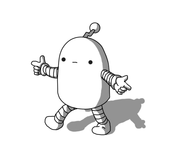 A round-topped robot with banded arms and legs and a zigzag antenna. It's lifting one leg and pointing with both hands in a half-hearted dance, with a completely neutral expression on its face.