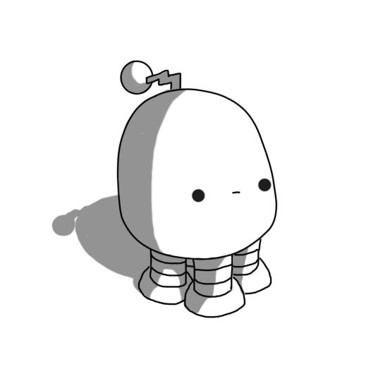 A robot with a round top and four banded legs. It has a zigzag antenna and a completely neutral expression on its face.