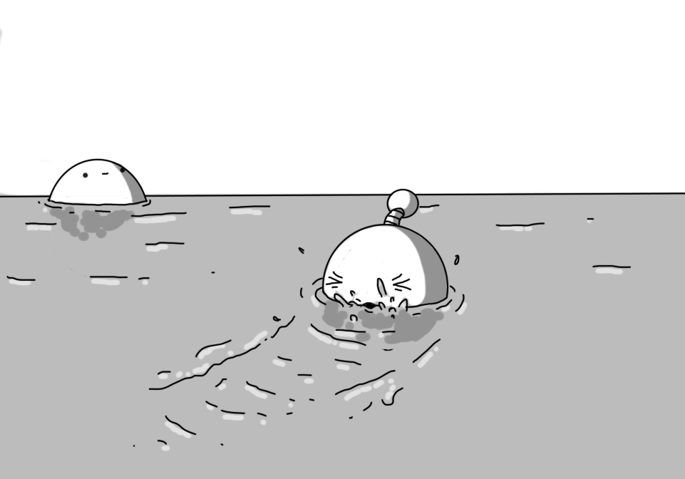 A scene showing the surface of the sea in which a partially-submerged spherical robot with an antenna and its eyes scrunched closed is propelling itself through the water by vibrating its lips. Bigbot is in the background, wading happily by itself.