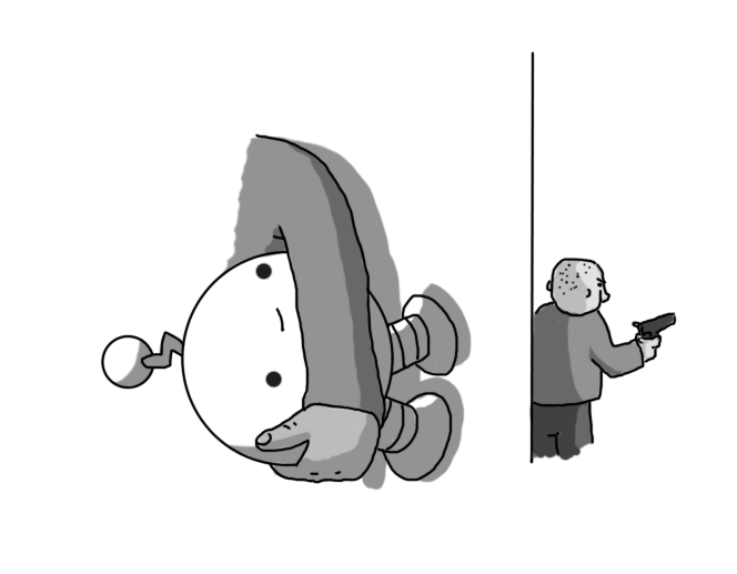 A spherical robot with banded legs and a zigzag antenna. It's being held sideways, tucked under someone's arm. The person holding it is heading away from the corner of a wall, on the far side of which is another person holding a pistol, looking in the other direction. The robot is smiling vacantly, seemingly unconcerned with its presumably precarious situation.