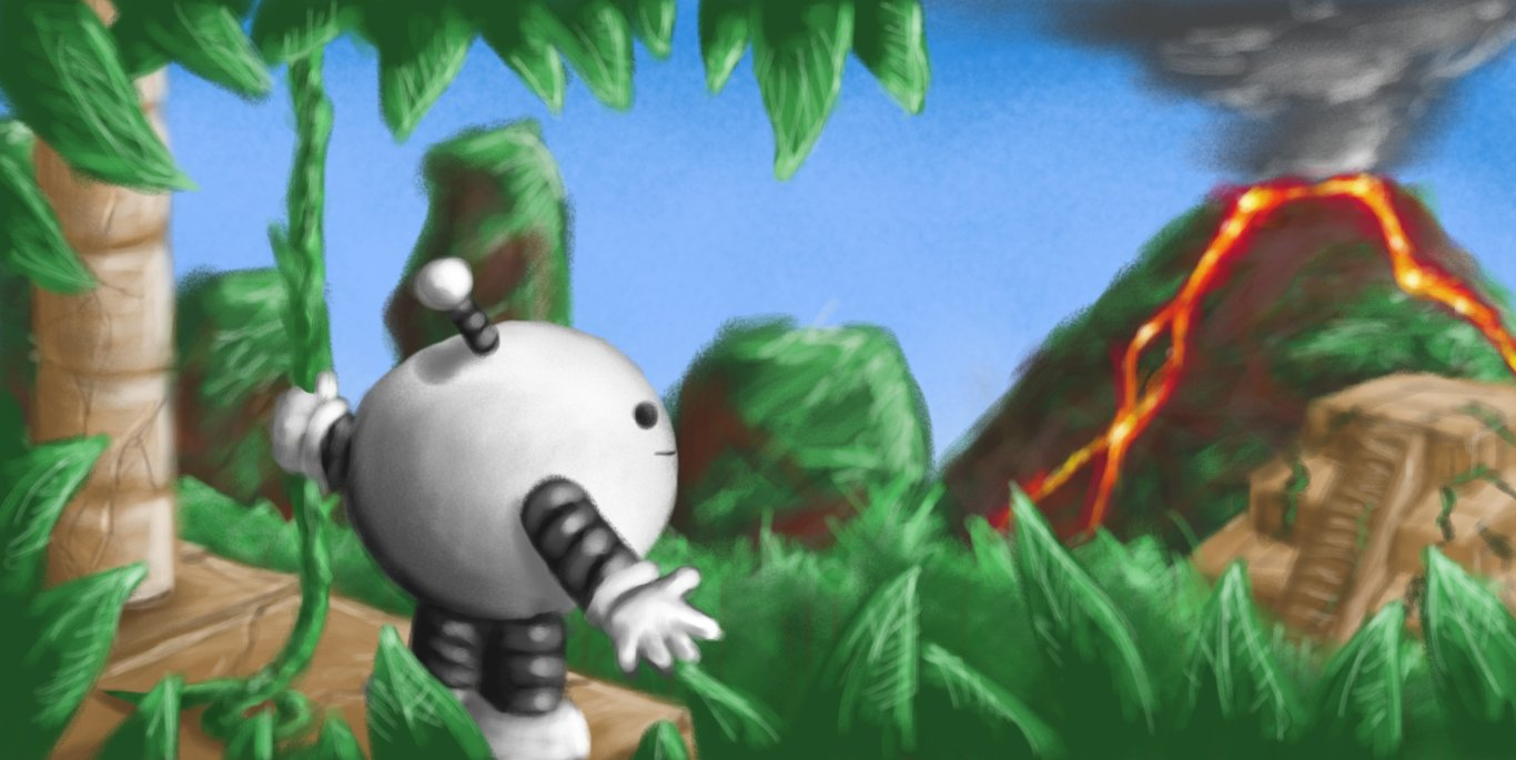 A coloured, digitally painted image, depicting a vaguely Mesoamerican jungle scene: a volcano smokes in the background as lava pours down its flanks, nestling amongst forested karsts. In the mid-ground, a crumbling, sand-coloured ziggurat rises from a green canopy, ensnared in vines. In the foreground is a stone shelf in the same colour as the ziggurat with a column supporting an unseen ceiling on the left. A spherical robot with banded arms and legs and an antenna stands on the shelf, smiling at the scene before it and holding onto a vine that hangs down from above. Broad, green leaves frame the image, protruding from above and below.