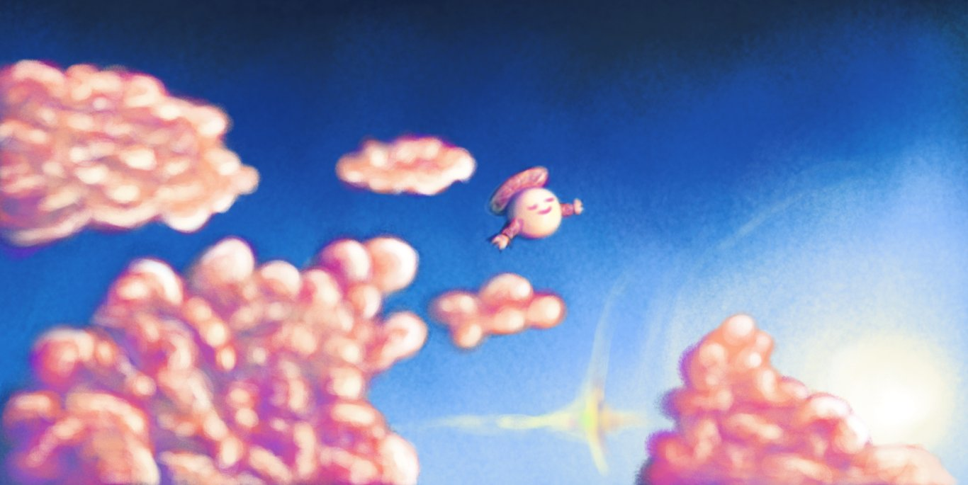 A full-colour digital painting of a blue sky with the sun in the lower right corner, fading from pale blue to dark navy. The sun is throwing out a bright halo with a sundog (a little rainbow that can sometimes be visible on the edges of such a halo) on one side. There are fluffy, cumulus clouds scattered around, coloured from deep purple to a soft pink towards the sun, while amongst them floats a tiny, spherical robot with banded arms and a propeller on its top. The robot is facing towards the sun, cast in the same colour as the clouds, with its eyes closed and a contented smile on its face.