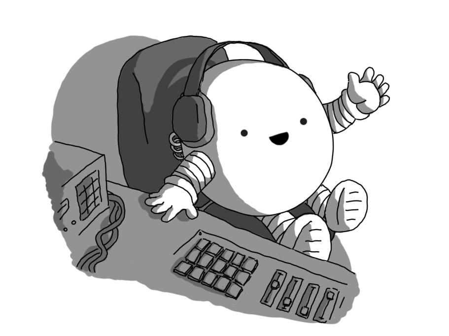 A smiling, spherical robot with banded arms and legs, sitting on a chair at a mixing console and wearing headphones.