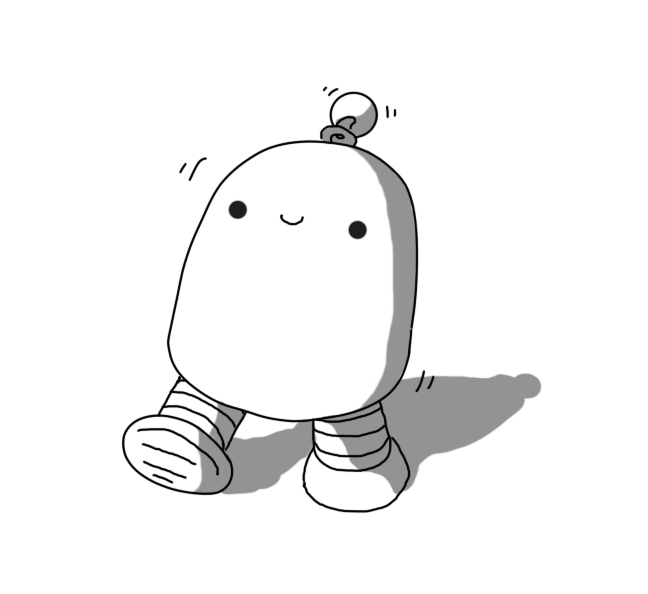 A smiling, round-topped robot with two banded legs and a coiled antenna. It's walking along, wobbling slightly as it goes.